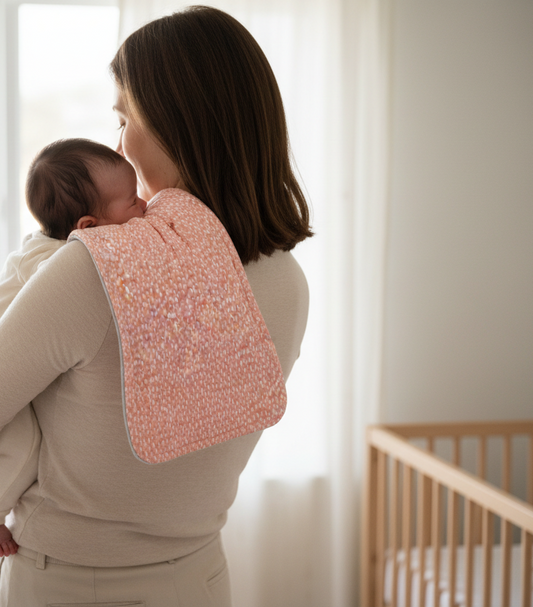 Woman holding a baby in a room with a crib and window burp cloth over shoulder