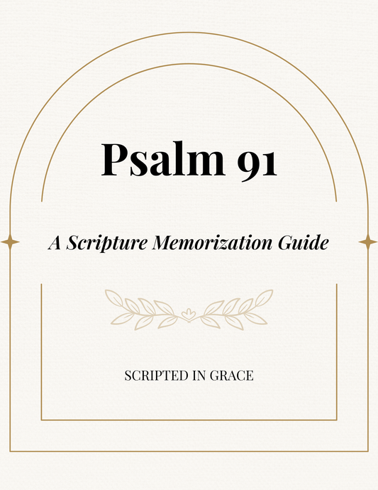 Cover of 'Psalm 91: A Scripture Memorization Guide' with decorative elements on a white background.