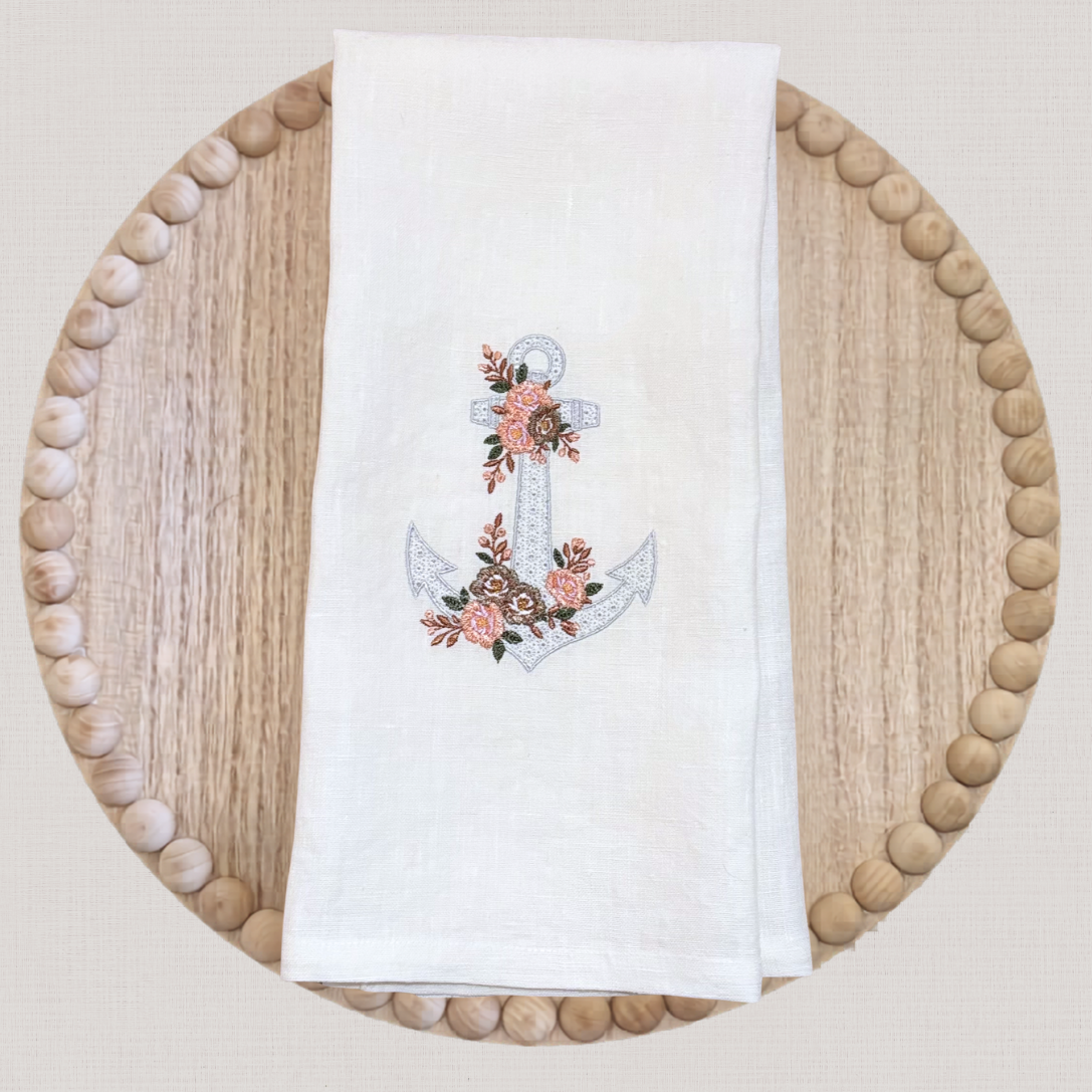 Coastal Gift Linen Hand Towel | Embroidered Anchor Design