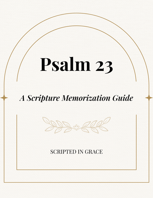 Cover of 'Psalm 23: A Scripture Memorization Guide' with decorative elements on a white background.