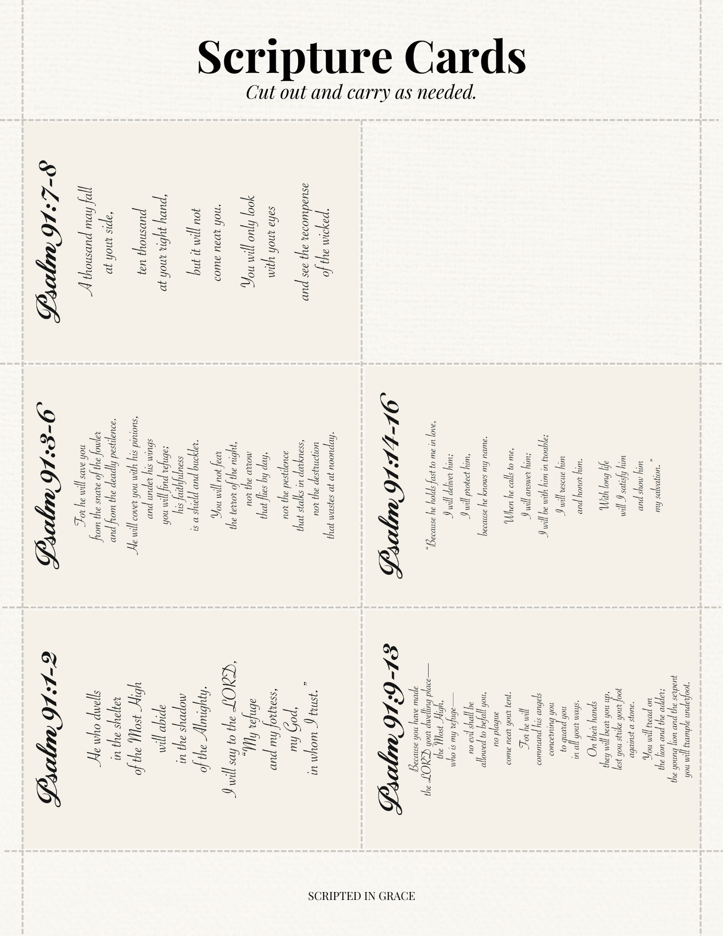 Sheet of Scripture cards with text from Psalms 97:7-8, 93:5-6, 91:1-2, and 91:9-13 on a white background.