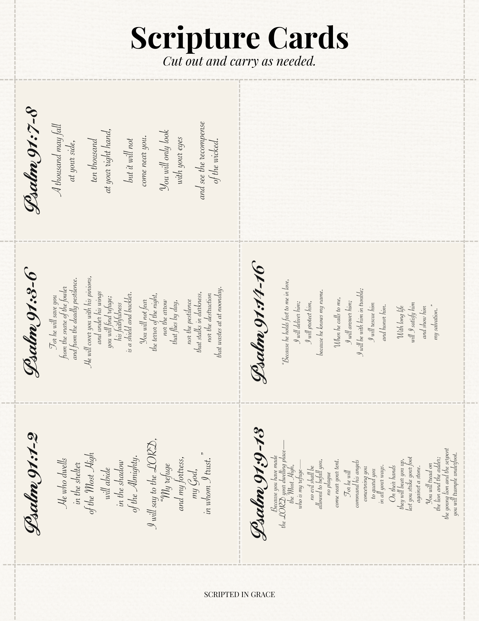 Sheet of Scripture cards with text from Psalms 97:7-8, 93:5-6, 91:1-2, and 91:9-13 on a white background.