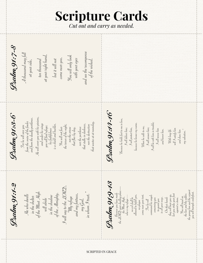 Sheet of Scripture cards with text from Psalms 97:7-8, 93:5-6, 91:1-2, and 91:9-13 on a white background.