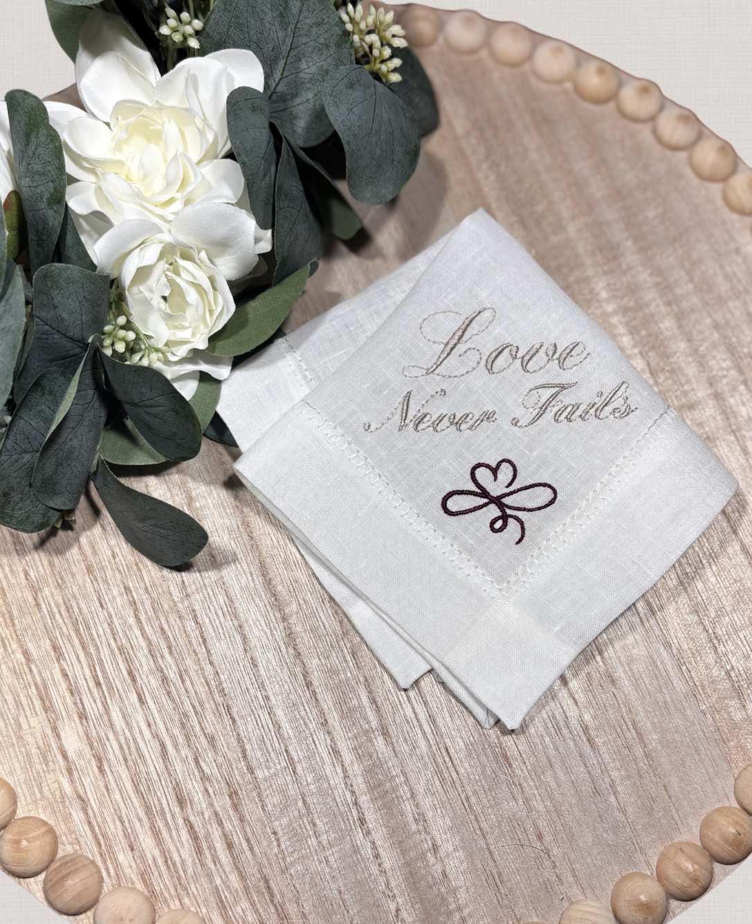 Love Never Fails Handkerchief | Embroidered Wedding Keepsake