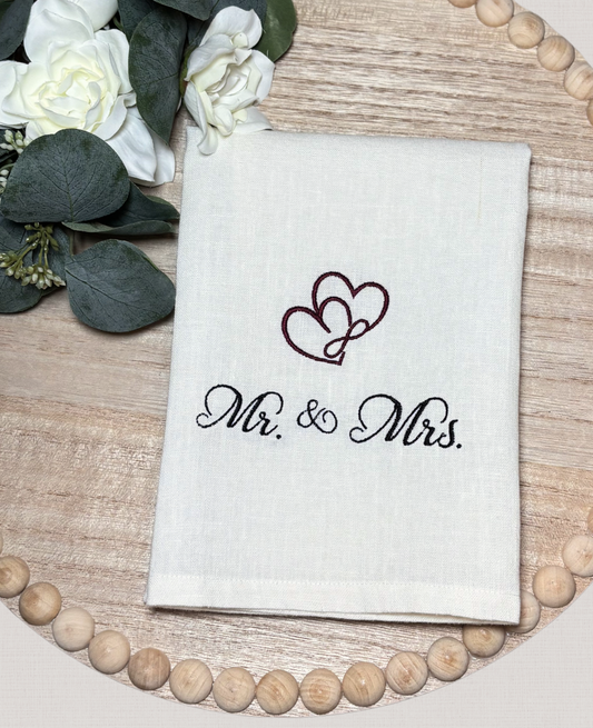 Newlywed Gift Linen Hand Towel  | Embroidered Mr. & Mrs. Design