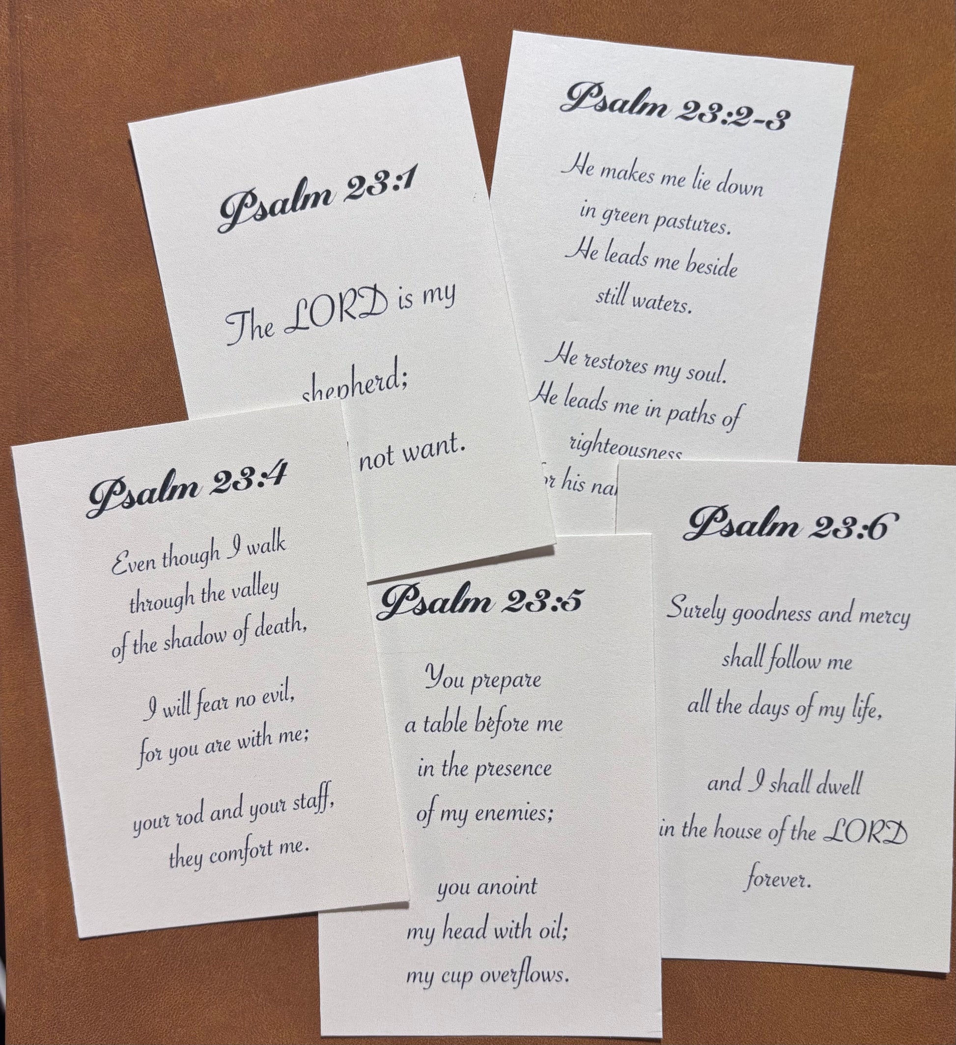 Set of cards with verses from Psalm 23 on a brown background