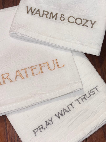 White flour sack cotton tea towels with embroidered text handmade maryland USA