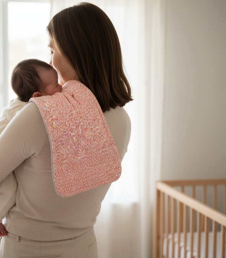 Woman holding a baby in a room with a crib and window burp cloth over shoulder