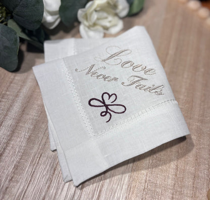 Love Never Fails Handkerchief | Embroidered Wedding Keepsake