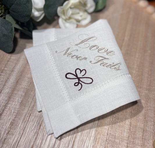 Love Never Fails Handkerchief | Embroidered Wedding Keepsake