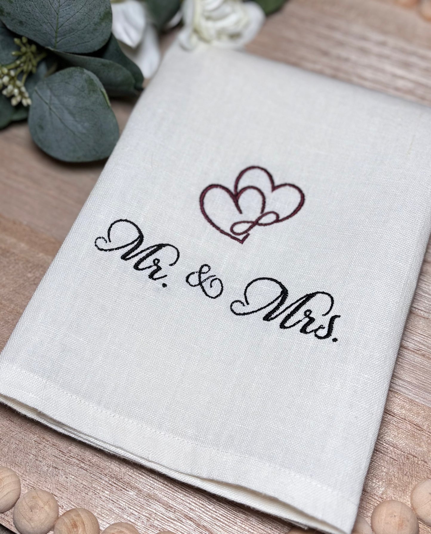 Newlywed Gift Linen Hand Towel  | Embroidered Mr. & Mrs. Design