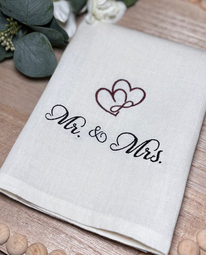 Newlywed Gift Linen Hand Towel  | Embroidered Mr. & Mrs. Design