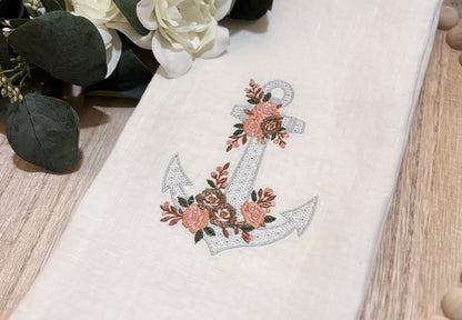 Coastal Gift Linen Hand Towel | Embroidered Anchor Design