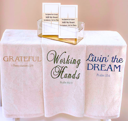3 embroidered kitchen towels with scriptural phrases bundled with scripture cards for new home housewarming gift